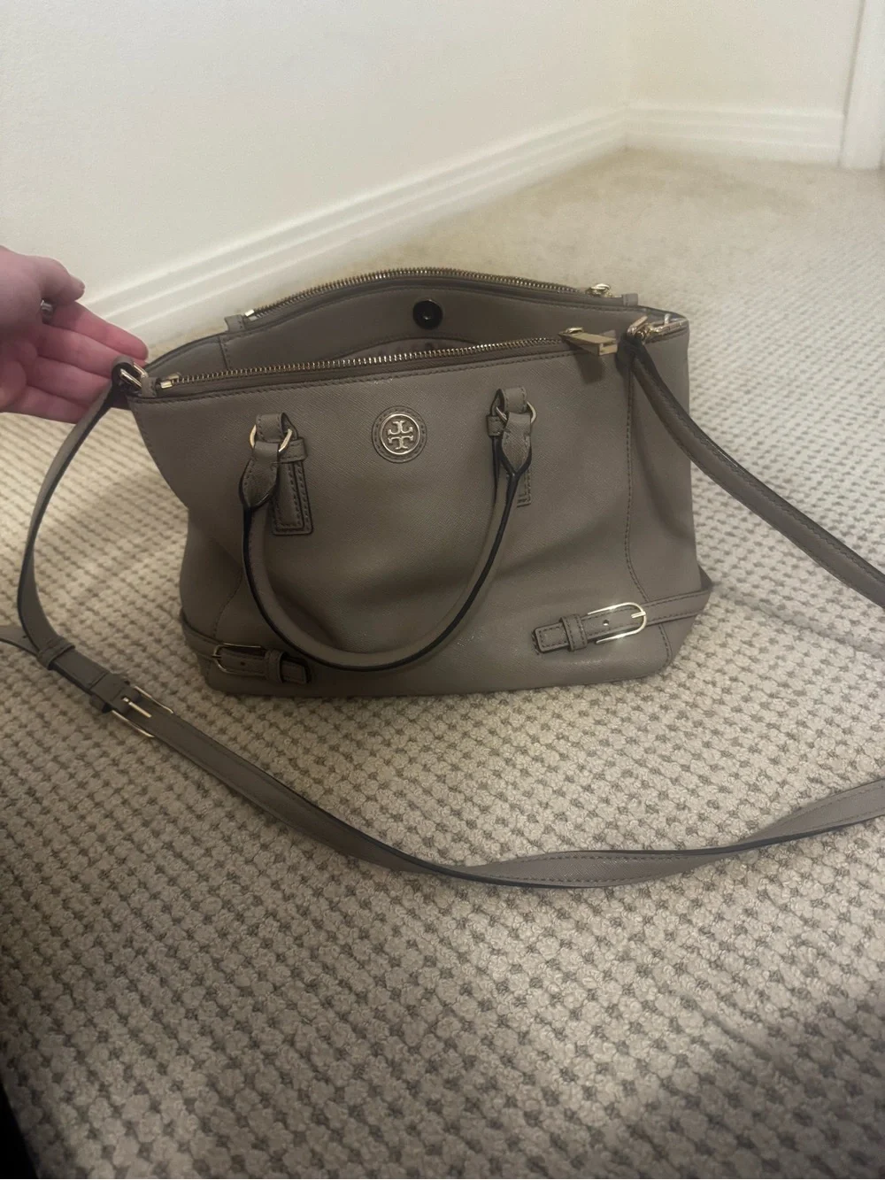 Tory Burch Taupe Pebbled Leather Satchel with Gold Hardware